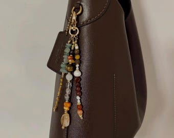Amberleaf Charm | Handmade Beaded Bag Charm | Earthy Purse Charm with Natural Stones & Pearl | Boho Keychain Accessory | Gift for Her