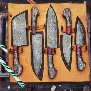 Juego de chef de Damasco de 5 piezas, juego de chef personalizado hecho a mano, juego de chef de Damasco hecho a mano, regalo personalizado para madre, regalo del día de la madre.