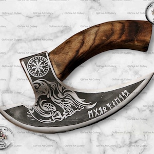 May include: A handcrafted, curved blade knife with a dark, etched design and a wooden handle. The blade features a stylized wolf design and runes. The handle is made of dark wood. The knife is a unique piece of art.