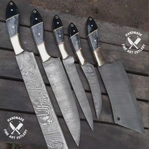 Juego de chef de Damasco de 5 piezas, juego de chef personalizado hecho a mano, juego de chef de Damasco hecho a mano, regalo personalizado para madre, regalo del día de la madre.