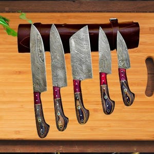 Damascus Chef Set Of 5 Piece&#39;s ,Custom Handmade Chef Set , Handmade Damascus Chef Set ,Personalized Gift For Mother , mother day gift.