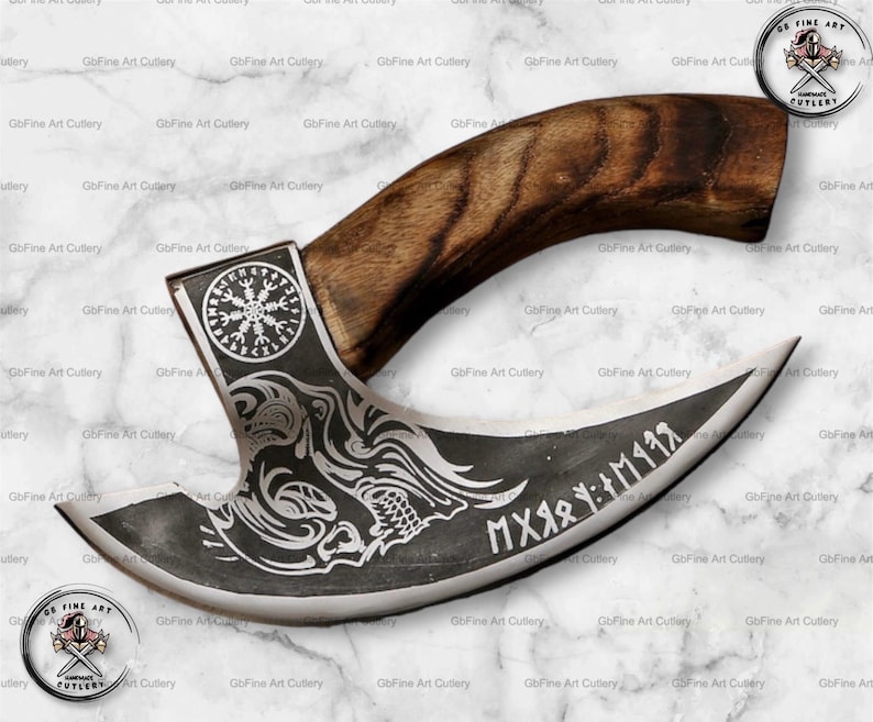 May include: A handcrafted, curved blade knife with a dark, etched metal blade and a wooden handle. The blade features intricate designs and runes. The handle is made of dark wood. The knife is a unique piece of art.