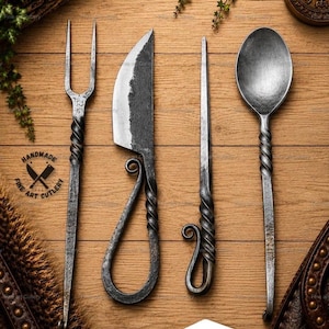 May include: A set of four hand-forged metal utensils including a two-pronged fork, a curved blade knife, a thin pointed skewer, and a round spoon. Each piece features a twisted handle design with a curled end, finished in a dark grey metallic texture.