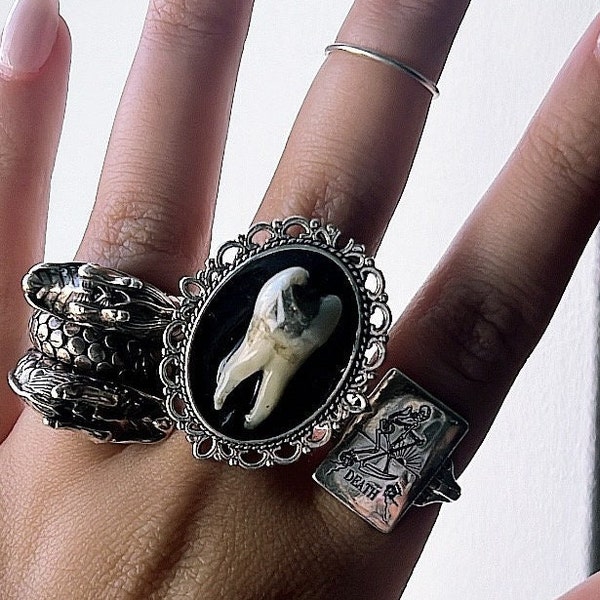 Echter Menschlicher Zahn Cameo Ring, Gothic Kuriositäten Schmuck