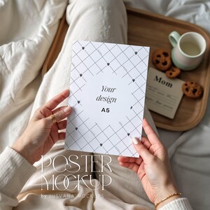 Minimalist bohemian poster mockup, ISO/DIN A ratio, Photoshop PSD file, realistic vertical portrait print template with a person