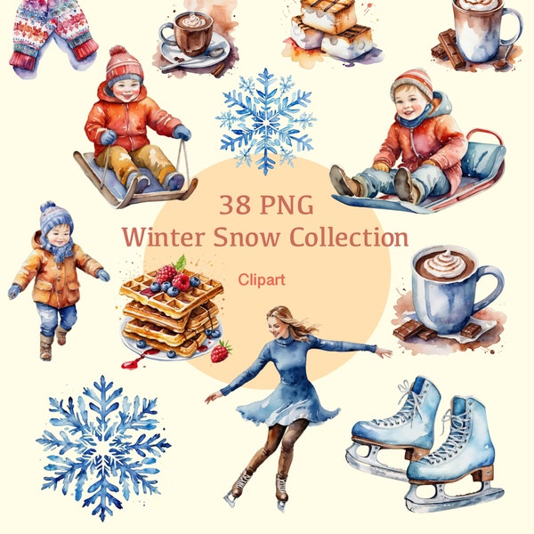 Clipart hiver aquarelle | Illustrations de bonhomme de neige, chocolat chaud, mitaines, gaufres, patin à glace, flocon de neige | Téléchargement instantané pour une utilisation commerciale