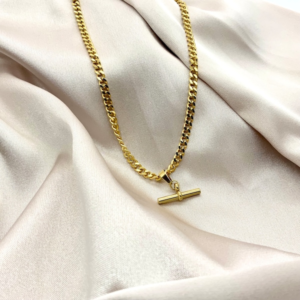 Tarnish Free 18k Gold T -Bar Necklace With Chunky Cuban Chain. Waterproof Necklace. Charm Necklace. T-Bar Necklace. Friendship Necklace Gift