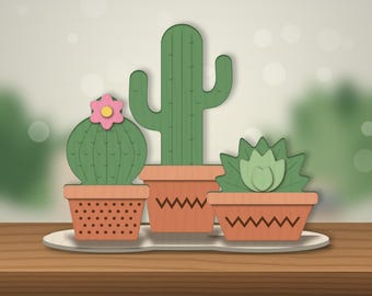 Gelaagde cactus- en succulententrio lasergesneden bestand, boho plantendecoratie (SVG DXF)