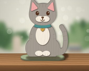 Gelaagde zittende kat lasergesneden bestand, beschilderbaar houten plankdecoratie (SVG DXF)