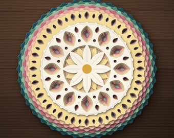 3D gelaagde bloemenmandala muurdecoratie, 8-kleuren lasergesneden bestand (digitale download)