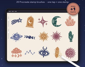 Celestial Boho Procreate stempelpenselen, 20 maan-, zon-, ster- en kristalstempels (digitale download)