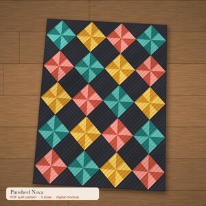 Patrón de edredón Pinwheel Nova en PDF, edredón moderno de estrellas llamativas, edredón de triángulos de medio cuadrado, verde azulado, dorado y coral, manta para bebé, individual, matrimonial, king