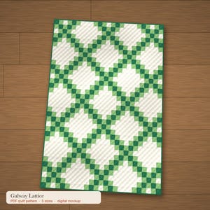 May include: A rectangular quilt featuring a repeating lattice pattern of white squares bordered by small green squares. The design creates a grid of diamonds across the surface. A label at the bottom reads: Galway Lattice, PDF quilt pattern, 5 sizes, digital mockup.
