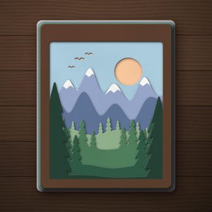 Cuadro decorativo de montaña de 8 capas, arte mural de paisaje forestal (descarga digital)