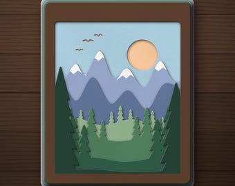 8-laags berglandschap schaduwdoos, wanddecoratie met boslandschap (digitale download)