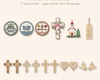 Geloofscollectie SVG-bundel, 11 lasergesneden bestanden, bloemenkruis, kerk, oorbellen (digitale download)