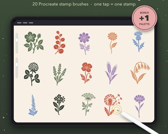 Procreate stempels met wilde bloemen en botanische motieven, 20 bloemenpenselen + palet (digitale download)