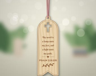 Gegraveerde houten bijbelbladwijzer, kruis met vers uit Psalm 119:105 (digitaal bestand)
