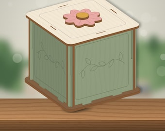 Houten bewaardoos met in elkaar te zetten deksel en bloemmotief, lasergesneden bestand (SVG, DXF)