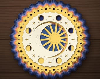 Hemelse Mandala Muurdecoratie, 8-laags Maanfasen, Zonnestralen, Sterren (Digitale Download)