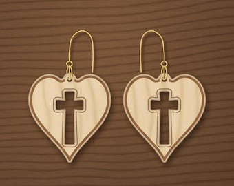 Hartvormig kruis oorbel SVG, christelijk geloof houten sjabloon (digitale download)
