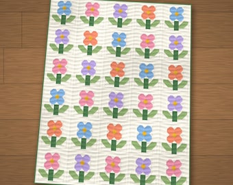 Quiltpatroon Cottage Posy met bloemenmotief, geen sjablonen nodig, geschikt voor baby- tot kingsize bedden (PDF)
