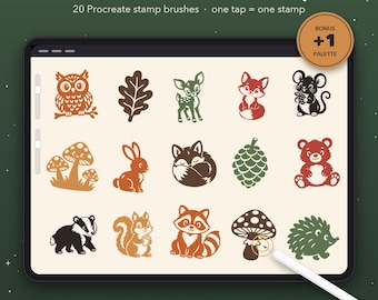 Stempels met bosdieren voor Procreate, 20 penselen met vossen, egels en uilen (digitale download)