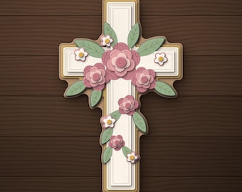 7-laags bloemenkruis SVG, christelijke muurdecoratie, rozenkruis lasersnijbestand (digitale download)