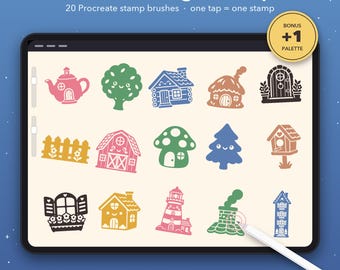 Kawaii Cottage Procreate Stempelpenselen, 20 Huizen, Bomen, Hekken (Digitale Download)