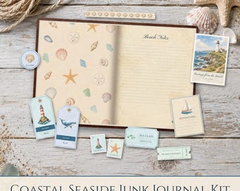 Kustthema Junk Journal Kit, strandmemorabilia, getijdentabel, stickers (digitale download)