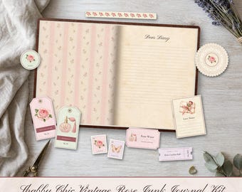 Shabby Chic Rose Junk Journal Kit, Vintage Ephemera, Kanten Doilies, Theelabeltjes (Digitale download)