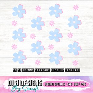May include: A digital design template for a 20 ounce skinny straight tumbler featuring a pattern of blue and pink flowers. The design is perfect for creating custom tumblers for gifts or personal use.