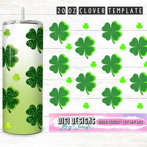 Plantilla de trébol de cuatro hojas recta y delgada de 20 oz con SVG desplazado, plantilla Shamrock Tumbler, svg del Día de San Patricio