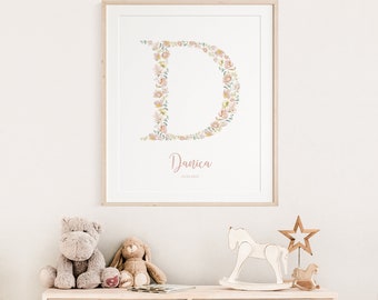 Custom Floral Initial Name Print, Nursery Print, Personalised Print, Editable Digital Download