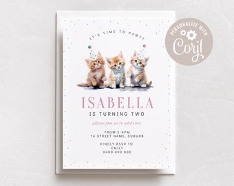Kitten Birthday Invitation Template, Lets Pawty, Are You Kitten Me, Cat Theme Party, Editable Digital Download