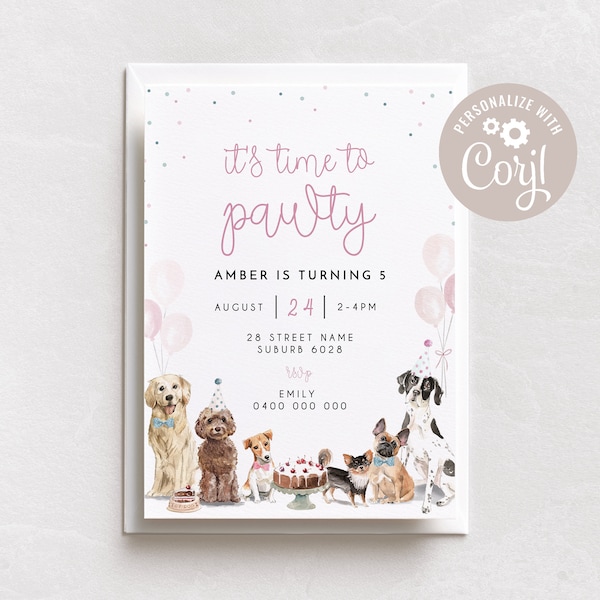 Dog Birthday Invitation Template, Lets Pawty, Puppy Pawty, Dog Theme, Editable Digital Download