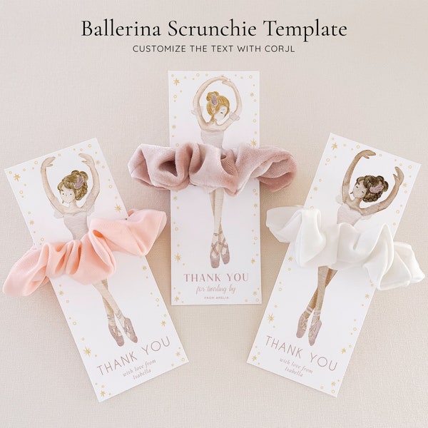 Ballerina Scrunchie Card Template, Ballet Dancer Party Favour, Editable Digital Download