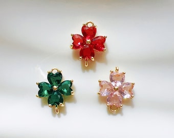 2pcs Clover Cubic Zircon Connector, Four Colver Heart Bracelet Earrings Charms for Jewelry Making, 14K Gold Plated, DIY Jewelry Supplies