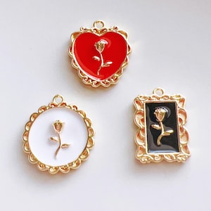 2PCS Gold Rose Pendant Charm, Heart Necklace Pendant, Rose Charm for Necklace, Earring Charms, 14K Real Gold Plated Charm for Jewelry Making