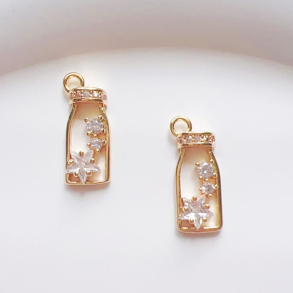 2pcs Zircon Star charm, Clear CZ pendant charm, 14k real gold plated jewelry connector for bracelet, necklace and earring making