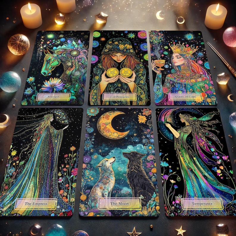 May include: A set of tarot cards with colorful illustrations on a black background. The cards feature images of a horse, a woman holding coins, a woman with a cup, a woman in a flowing gown, a wolf and a dog, and a woman with a cup and a wand. The cards are surrounded by candles and other decorative items.