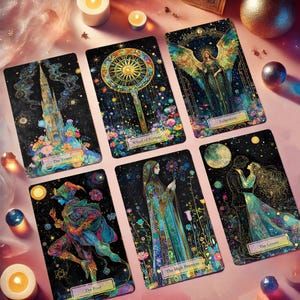 May include: A set of tarot cards with gold foil accents and colorful illustrations. The cards feature images of The Tower, Wheel of Fortune, Judgement, The High Priestess, The Fool, and The Lovers.