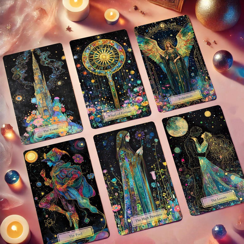 May include: A set of tarot cards with gold foil accents and colorful illustrations. The cards feature images of The Tower, Wheel of Fortune, Judgement, The High Priestess, The Fool, and The Lovers.