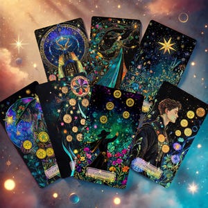 May include: A set of ten tarot cards with a celestial theme. The cards feature a dark blue background with gold accents and illustrations of figures and symbols. The cards are numbered 1 through 10 and include the suits of Pentacles, Wands, Swords, and Cups.