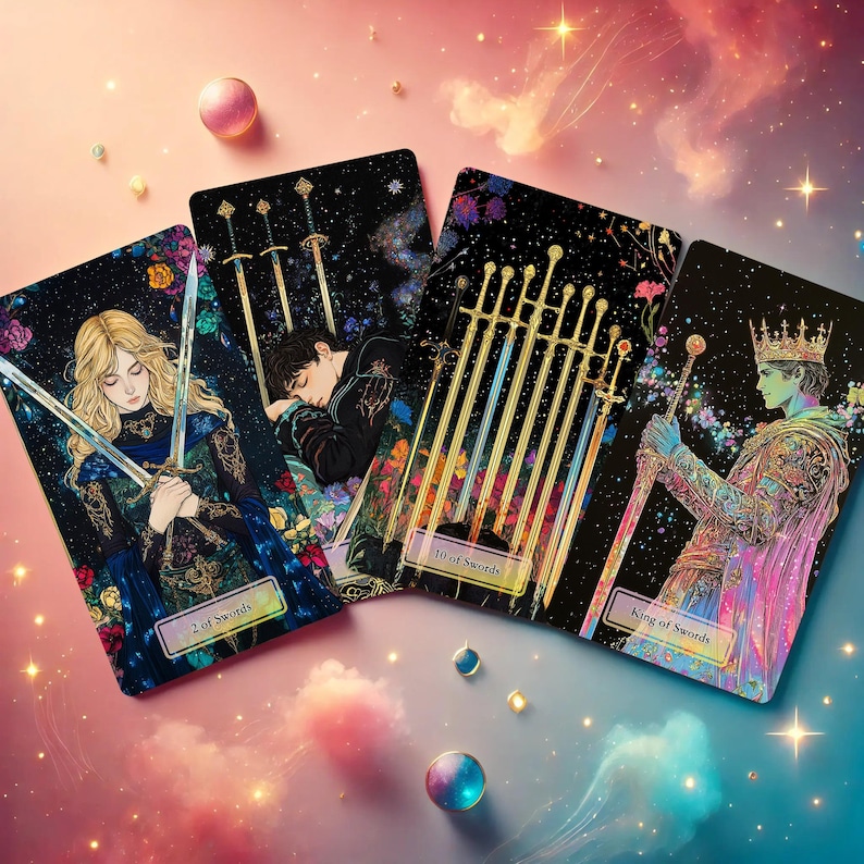 May include: Four tarot cards with a black background and gold accents. The cards depict a woman holding two swords, a man sleeping with swords behind him, a set of ten swords, and a king holding a sword. The cards are on a pink and blue background with stars.
