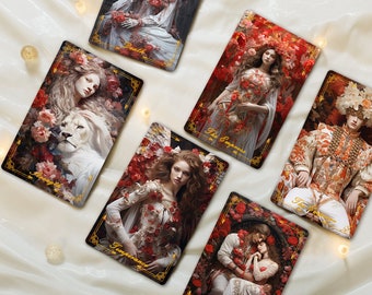 Könnte beinhalten: Tarotkarten mit goldenen Verzierungen und floralen Designs. Die Karten zeigen Bilder eines Skeletts, einer Frau mit einer Krone, einer Frau mit einem Kelch, einer Frau mit einem Schwert, einer Frau mit einem Zauberstab und eines sich umarmenden Paares. Die Karten liegen auf einem weißen Stoffhintergrund.