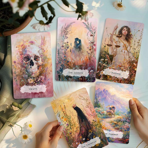 Tarotkaartspel, tarotkaartenspel, tarotkaartspel met gids, uniek Indie Oracle-spel, 78 tarotkaarten, Enchanted Springscape Tarotspel