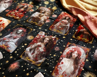 May include: Tarot cards with gold trim and illustrations of people and flowers on a black background with gold stars. The cards include The Empress, Temperance, The Emperor, Death, The Lovers, and Page of Cups.