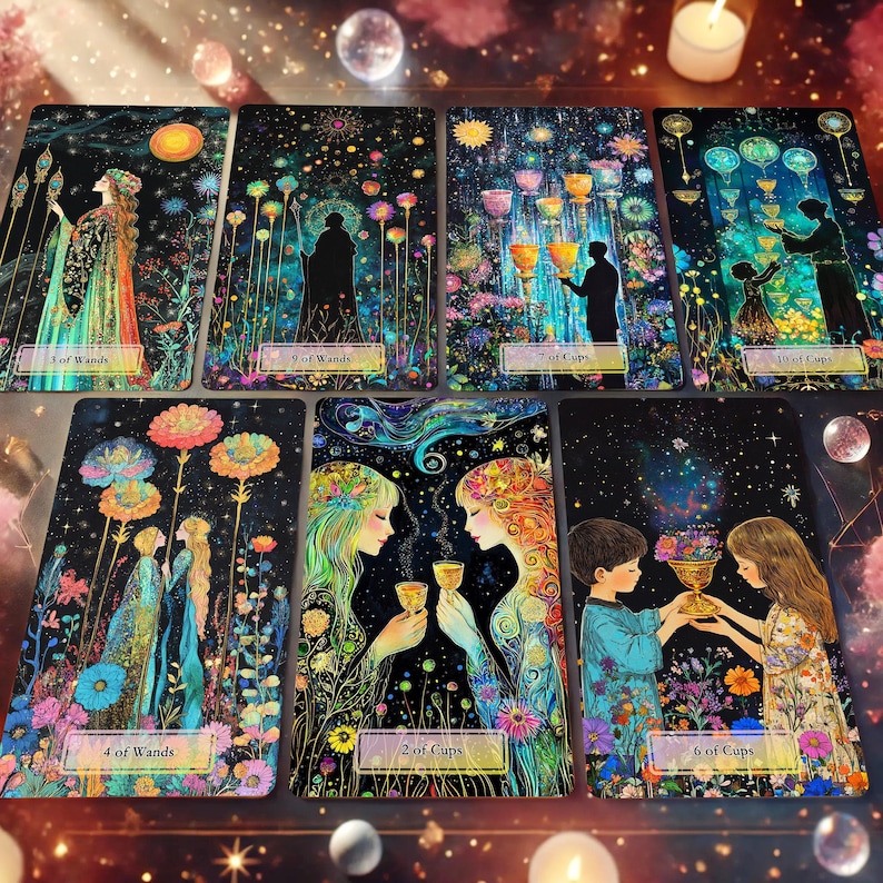 May include: A set of 7 tarot cards with gold foil accents and colorful illustrations. The cards feature a variety of scenes, including a woman holding a staff, two people sharing a cup, and a group of people standing in a field. The cards are part of a larger tarot deck.