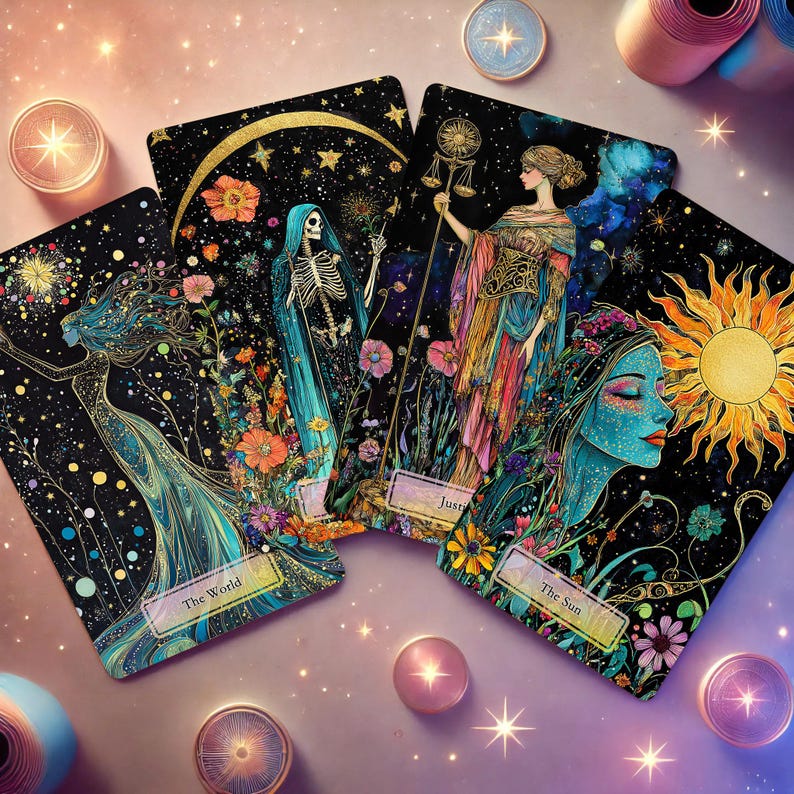 May include: Four tarot cards with gold foil accents and colorful illustrations. The cards are "The World", "Justice", "The Sun", and "Death".